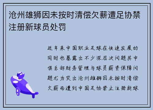 沧州雄狮因未按时清偿欠薪遭足协禁注册新球员处罚